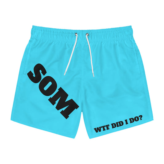 Swim Trunks — Aqua Beach Shorts with 'WTF Did I Do? / Who the Are You?' Novelty Text