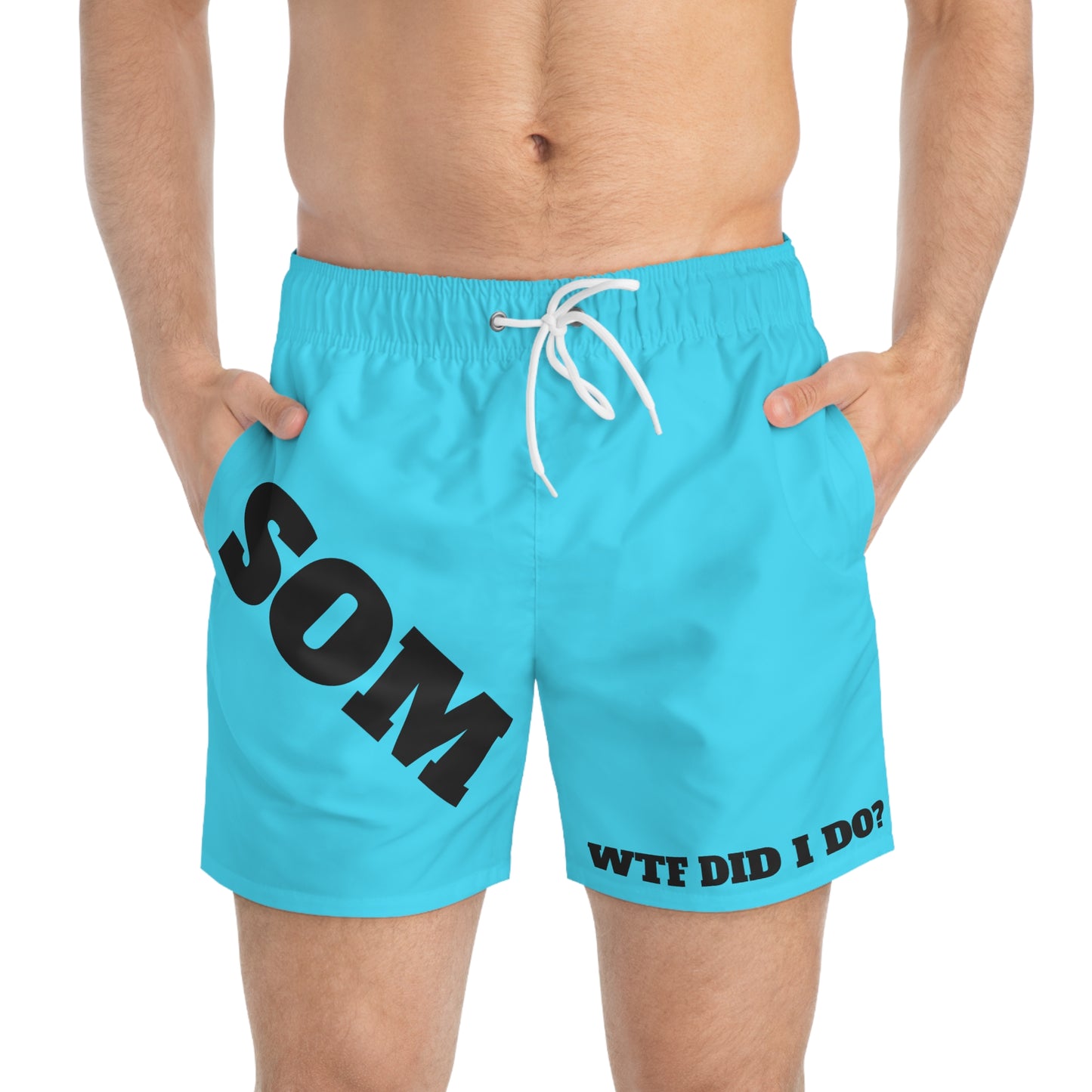 Swim Trunks — Aqua Beach Shorts with 'WTF Did I Do? / Who the Are You?' Novelty Text