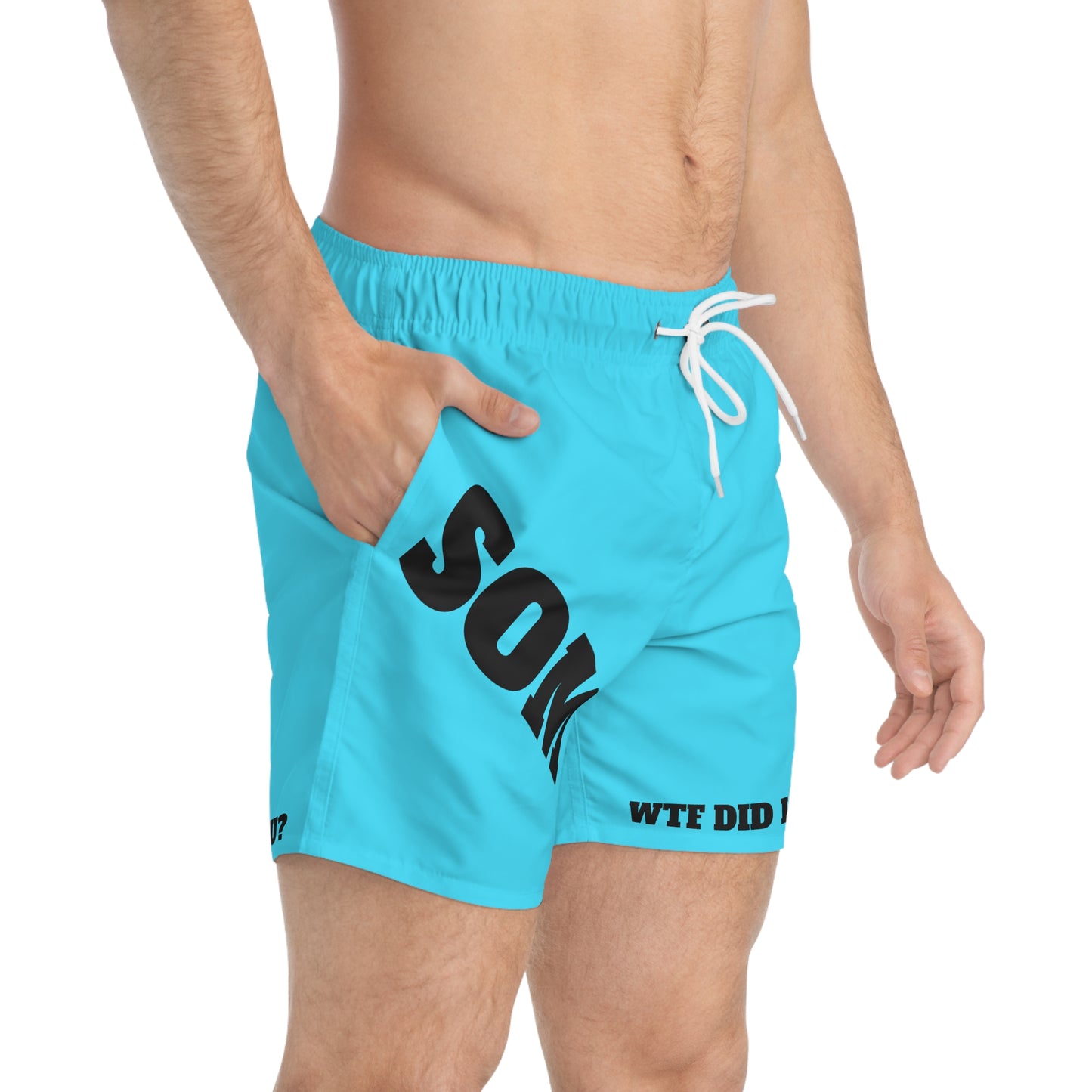 Swim Trunks — Aqua Beach Shorts with 'WTF Did I Do? / Who the Are You?' Novelty Text